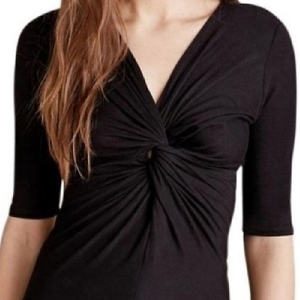 Anthropologie Deletta V Neck Wrap Top with Short Sleeves Sz XSMALL Black - Picture 2 of 11